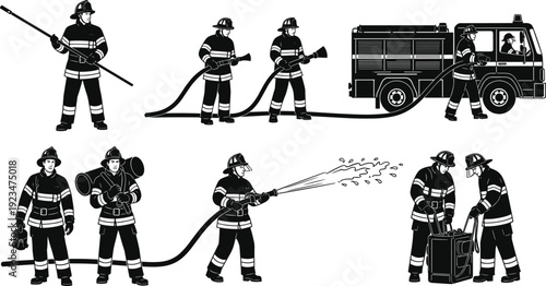 Vector illustration set of professional firefighters in protective gear operating water hoses driving a fire truck and performing emergency rescue operations on white