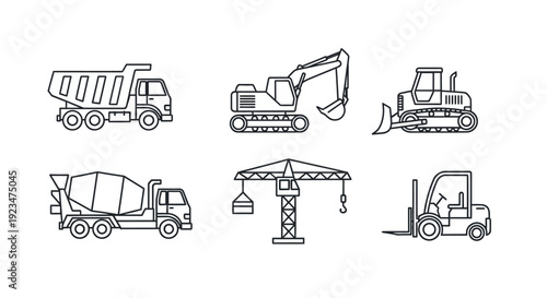 Construction Vehicles & Heavy Equipment Line Icons Set - Dump Truck, Excavator, Bulldozer, Mixer, Crane, Forklift
