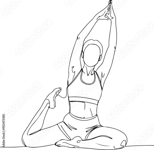 Woman in yoga pose with one leg bent behind her and arm raised stretching exercise fitness