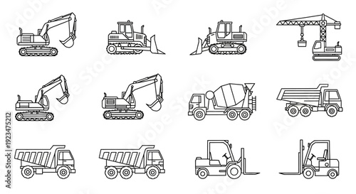 Heavy Construction Vehicles Line Art Icon Set. Industrial Building Machinery Outline Collection.