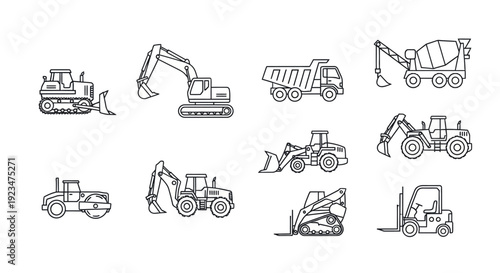 Construction Vehicles Line Art Icons Set. Heavy Equipment including Bulldozer, Excavator, Dump Truck, Loader, Cement Mixer, Backhoe, Road Roller, Skid Steer, Forklift.