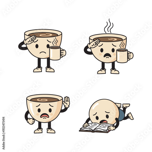 Cartoon coffee cups expressing emotions and fatigue on white background