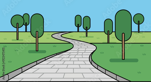 Serene park pathway with lush green trees and grassy landscape viewed from a gentle elevation