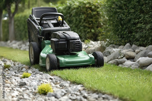 Wallpaper Mural Green and Black Riding Lawn Mower on Freshly Cut Green Grass with Rocky Embankment on Sunny Day Torontodigital.ca