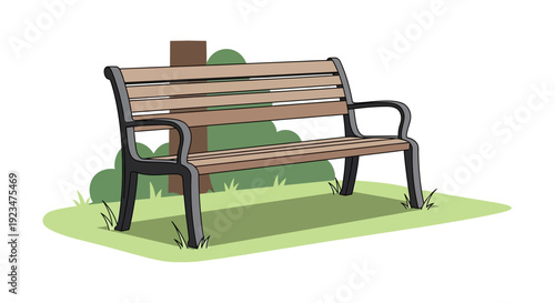 A wooden bench sits alone on a grassy area in a serene park environment viewed from the side