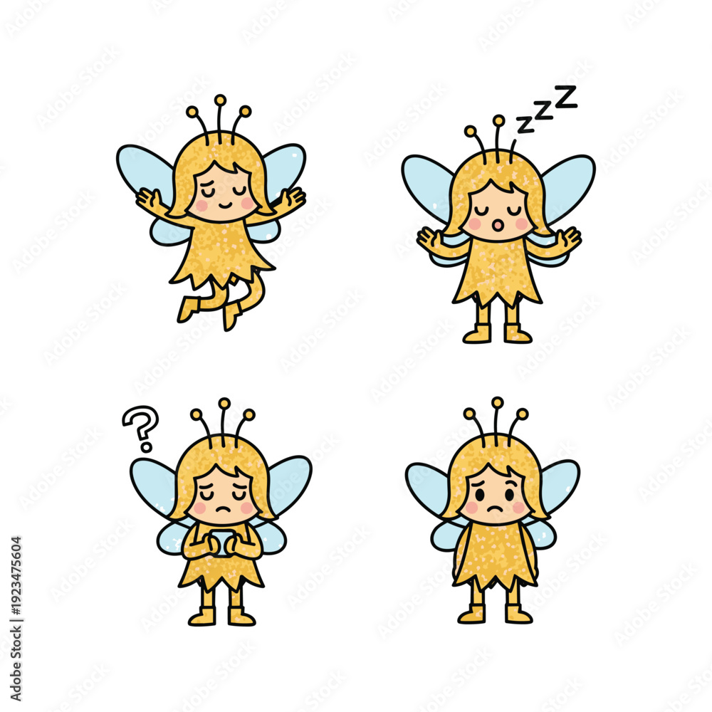 Fototapeta premium Cartoon bee character set with different emotions on white background
