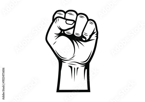 Black and white of a clenched fist raised in a powerful pose hand