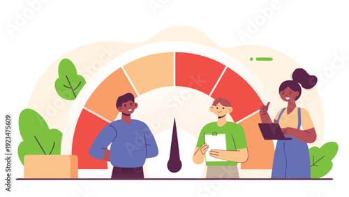Three diverse professionals stand in front of a large performance gauge, discussing employee skills and work efficiency.