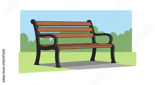 A wooden bench sits alone in a serene park scene with trees and clear blue sky