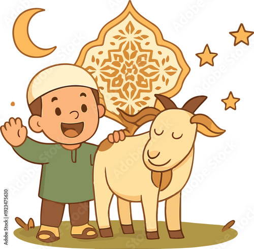 Cartoon Child with Goat and Crescent Moon – Eid al-Adha Theme