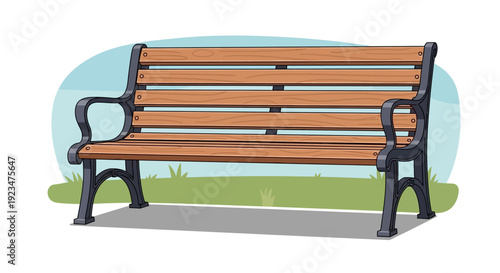 Park bench with wooden slats and black metal frame in a serene outdoor setting
