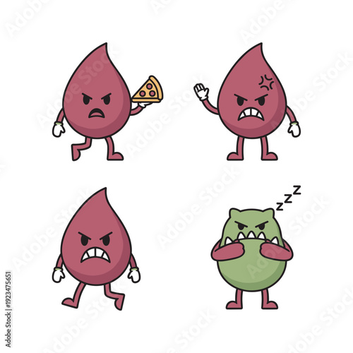 Cartoon blood drops with different emotions and a green blob character on white background