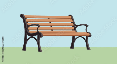 A wooden park bench with black metal frame and armrests, viewed from the side in a serene outdoor setting