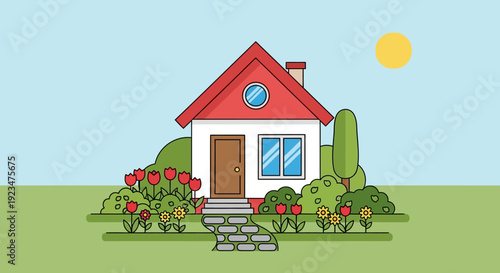A small white house with a red roof and garden viewed from the front yard on a sunny day