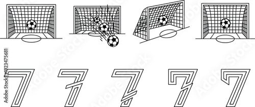 Vector line art illustration set featuring soccer balls flying into goals and various stylized outlines of the number seven for sports jersey designs