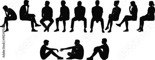 Diverse People Sitting Silhouettes Collection, Men and Women in Different Seated Poses, Group Therapy, Waiting Room, Interview, Discussion Concept Isolated on White Background