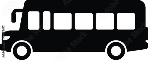 Black bus silhouette isolated on white background, simple public transport vehicle icon, urban transportation concept, flat design illustration for travel and transit themes