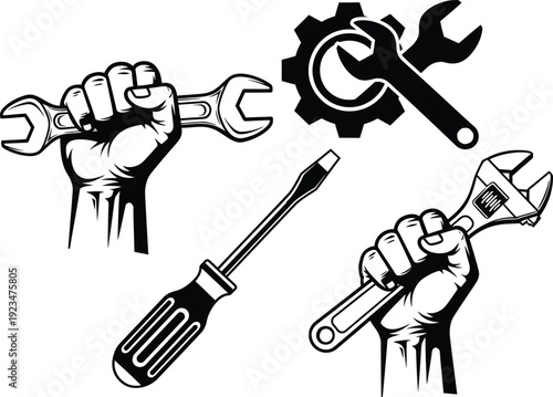 Black and white of clenched fists holding wrenches and a screwdriver in a mechanical theme monochrome