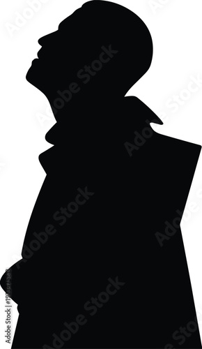 Silhouette of thoughtful man looking upward in profile, dramatic black shadow figure isolated on white background, conceptual inspiration, hope, vision and contemplation theme