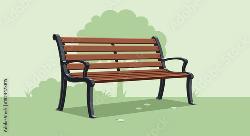 A wooden park bench sits alone in a serene green landscape with trees in the background viewed from the side