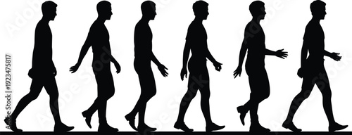Set of walking man silhouettes in side view, sequence of male movement isolated on white background, human gait cycle collection, motion study concept