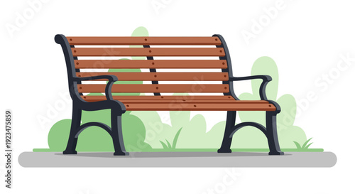 An empty wooden bench sits alone in a serene park surrounded by lush greenery viewed from the side