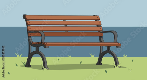 A wooden bench sits alone on a grassy area beside a body of water viewed from the side