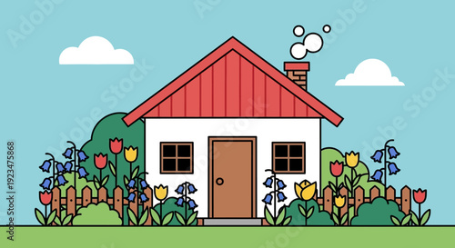 Serene cottage with vibrant flowers and lush greenery surrounded by a wooden fence under a clear blue sky