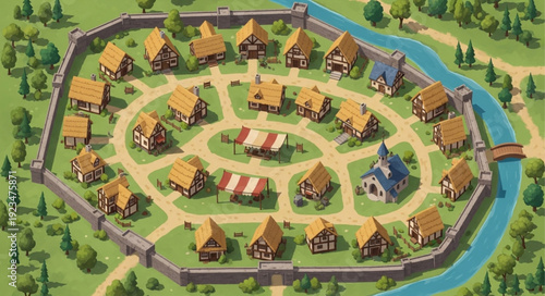 Medieval village illustration showcasing fortified walls and various buildings within the settlement.