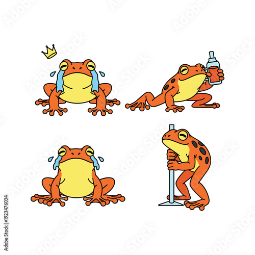 Cartoon frogs experiencing hangover with humorous expressions