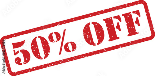 Red distressed rectangular rubber stamp with the words fifty percent off on a clean white background
