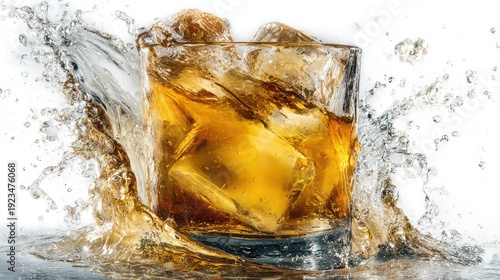 Wallpaper Mural Iced Golden Liquid Splashing in Clear Glass Isolated on White Background Creating Dynamic Refreshing Composition and Highlighting Textured Ice Cubes Torontodigital.ca