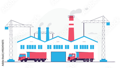 Modern industrial factory building with smoking chimneys and two large cranes, with trucks parked for production and logistics.