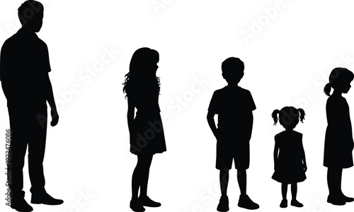Family silhouettes collection with father and children standing in profile, black and white vector illustration isolated on white background for parenting concept design
