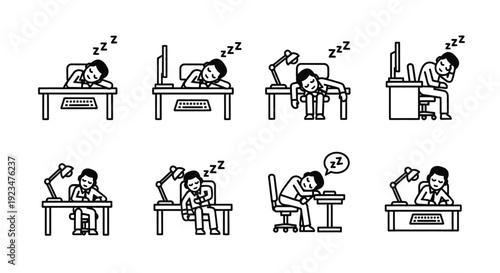 Eight students sleeping at their desks in a classroom setting.