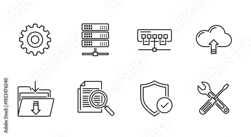 Icons representing various aspects of computer systems and cybersecurity
