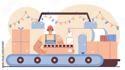 Factory worker in a hard hat operates a festive conveyor belt, packaging gift boxes decorated with Christmas lights.