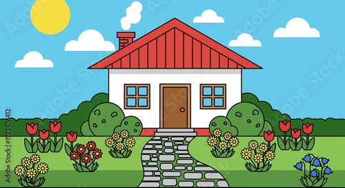 Illustration of a small house with red roof and garden viewed from the front yard on a sunny day
