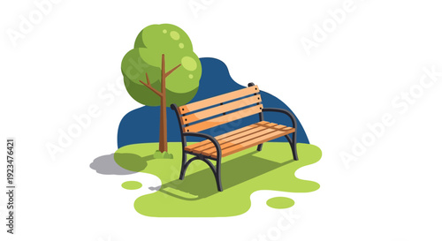 A serene bench sits alone beneath a tree in a peaceful park illustration