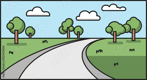 A serene landscape featuring a winding road surrounded by trees and green grass under a cloudy sky