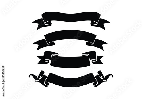 Four black decorative ribbons banners in various styles on white background