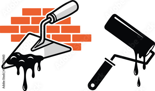 Black trowel and roller dripping black liquid against red brick wall