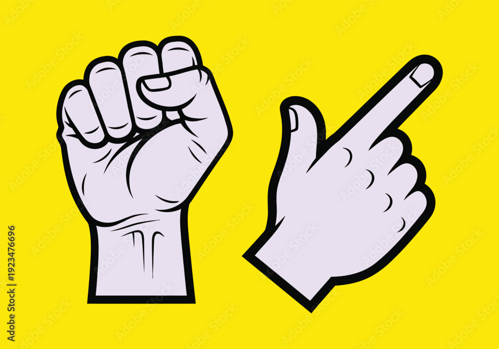 Fototapeta premium Two cartoon hands making clenched fist and pointing finger gestures on yellow background