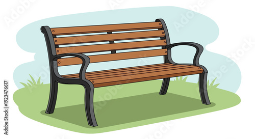 A wooden bench with black metal arms and legs stands alone on a green grassy area viewed from the side