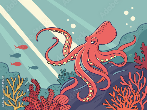 Bright red octopus sitting on coral reef, detailed suction cups, tropical underwater scene, soft light rays, ultra realistic.