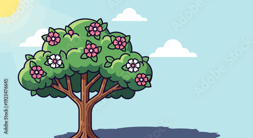 A vibrant cartoon tree with flowers in full bloom standing alone on a hill under a bright sunny sky