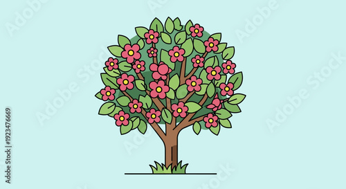 Illustration of a blossoming tree with vibrant flowers and lush green leaves standing on a grassy ground