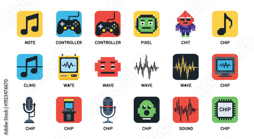 Retro pixel art icons representing gaming controllers musical notes sound waves arcade machines microchips