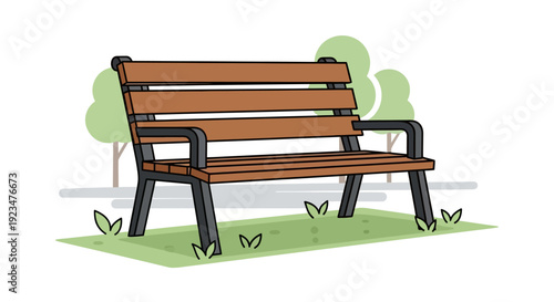 A wooden bench sits alone on green grass surrounded by trees in a serene park scene illustration