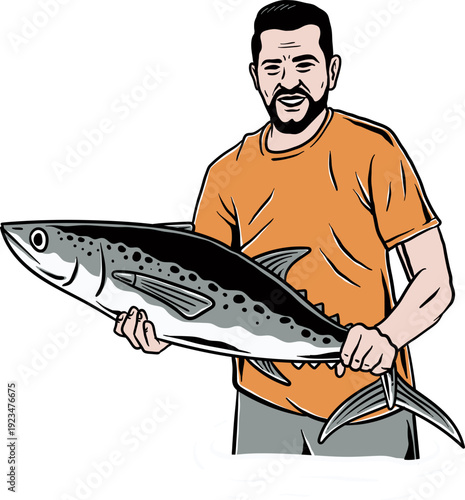 Angler with Big Fish Illustration, Outdoor Fishing